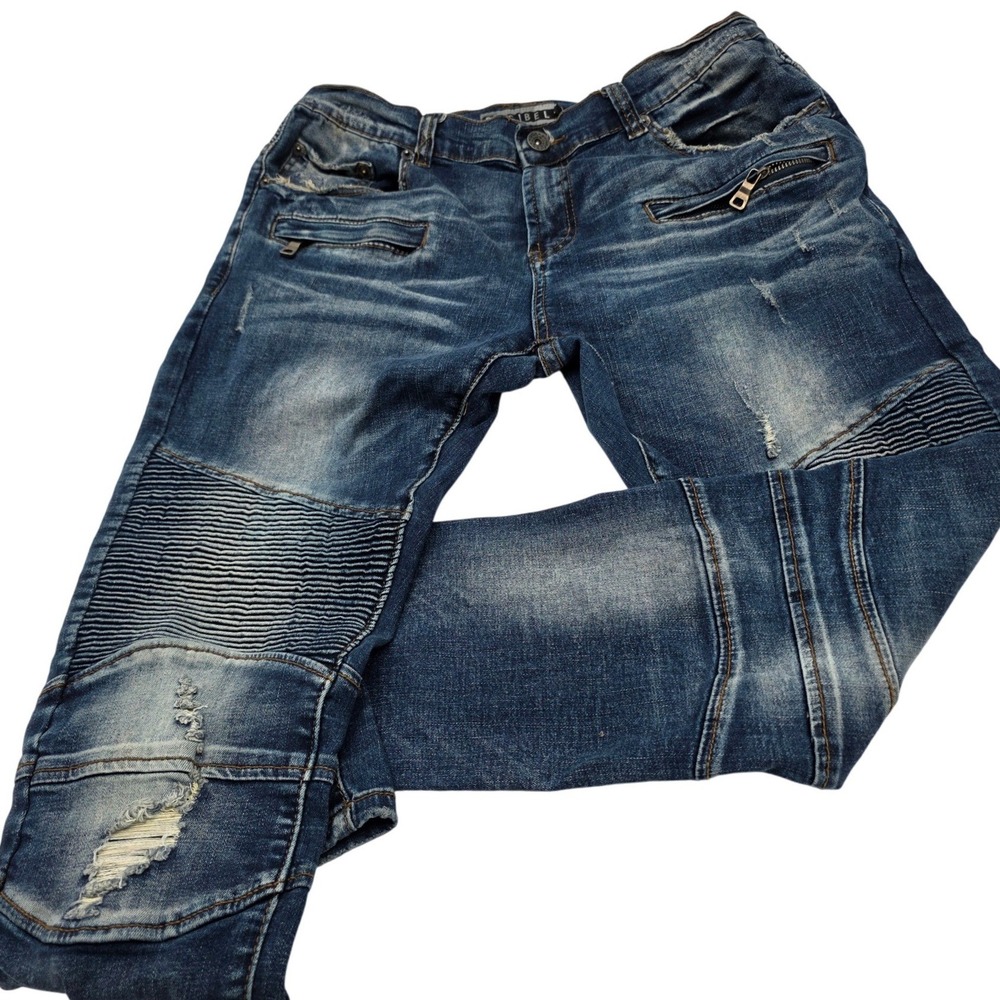 Decibel Moto Jeans Mens 36x32 Blue‎ Distressed Biker Slim Stretch Denim #Y2K